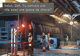 La fille avec une robe rouge à la gare de Balamb demande si on connait la fille à la queue de cheval