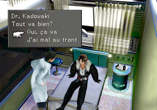 Réveil de Squall à l'infirmerie. "Dr Kadowaki : Tout va bien ? Oui ça va. J'ai mal au front."