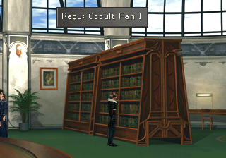 Squall devant les étagères de la bibliothèque recevant un Occult Fan 1