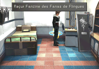 Squall dans sa chambre de SeeD qui trouve le Fanzine Fanas de Flingues (F.F.F) d'avril