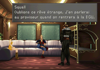 Squall, Zell et Selphie se demandent pourquoi ils ont fait le même rêve dans le train pour Timber. "Oublions ce rêve étrange. J'en parlerai au proviseur quand on rentrera à la BGU"