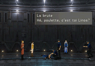 La brute fait de l'humour dans une cellule à la prison du désert de Galbadia. "Hé poulette ! C'est toi Linoa ?"