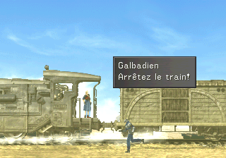 Un galbadien court derrière le train volé par Squall et son équipe dans le désert de Galbadia
