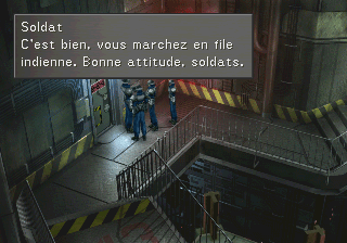 Un soldat Galbadien complimente votre équipe car vous marchez correctement dans la base de missiles de Galbadia