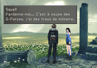 Squall et Linoa discutent devant le champ de fleurs de l'Orphelinat d'Edea